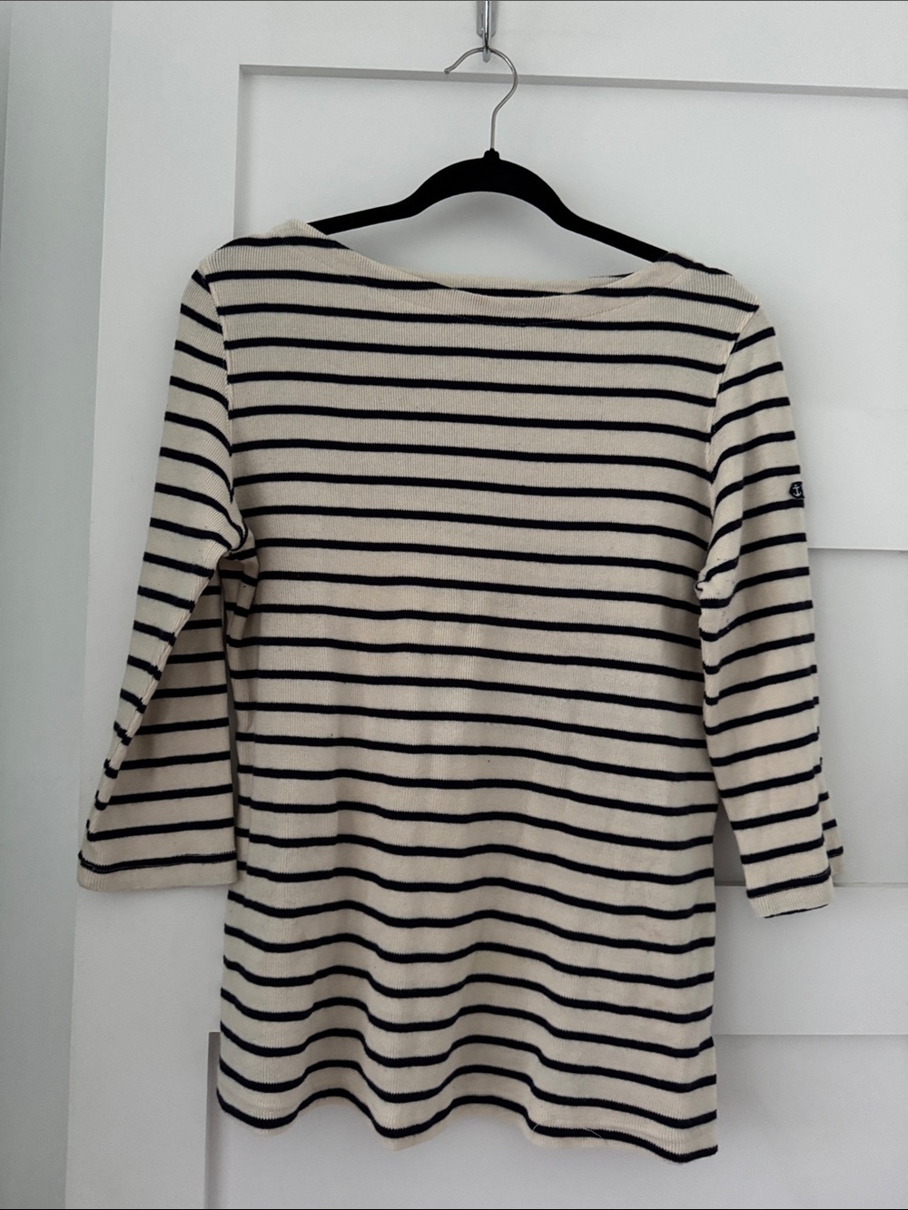Women's Cream and Black Striped Boatneck Long Sleeve Top